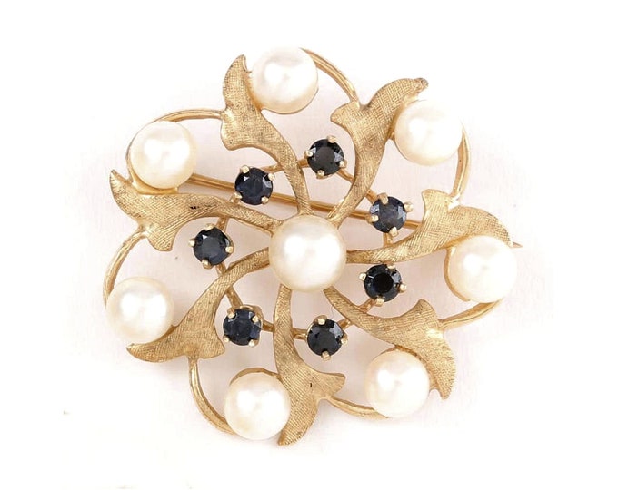 Estate Gemstone Brooch Vintage 14K Solid Yellow Gold Natural White Pearl Blue Sapphire Pin June September Birthstones Holiday Gift