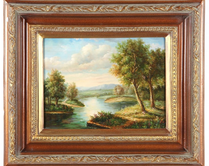 Vintage Oil on Canvas River Landscape Signed Wood Frame Holiday Gift