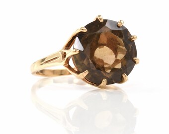 Vintage 14K Gold Smoky Quartz Cocktail Ring Mid Century Statement Ring, Size 6.75