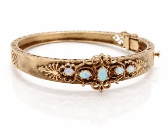 Antique Victorian 14K Gold Natural Opal Hinged Bangle Bracelet Floral Design Estate