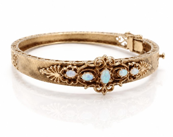 Antique Victorian 14K Gold Natural Opal Hinged Bangle Bracelet Floral Design Estate