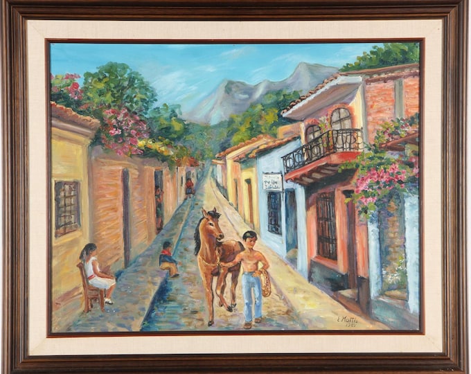 Vintage Oil on Canvas Mexican Street Scene Signed E Mattis 1985 Wood Frame Holiday Gift