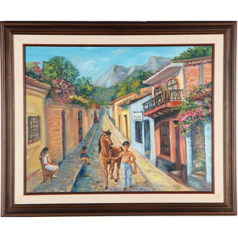 Vintage Oil on Canvas Mexican Street Scene Signed E Mattis 1985 Wood Frame Holiday Gift image 1