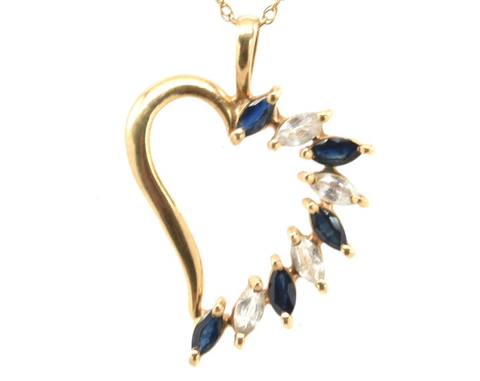 Estate Gemstone Pendant Vintage 14K Solid Yellow Gold Natural Blue Sapphire White Topaz Heart September Birthstone Holiday Gift