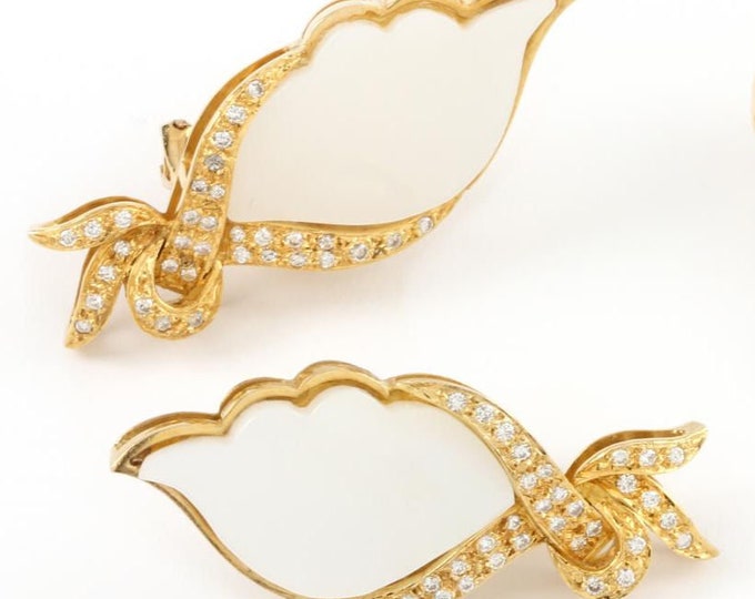 Estate Gemstone Earrings Vintage 14K Solid Yellow Gold Natural Diamonds Mother of Pearl Omega Back Pair 14.92 Grams Holiday Gift