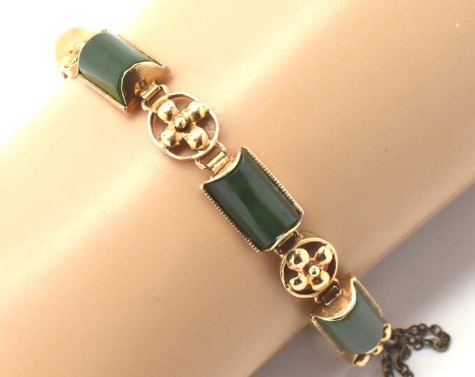Estate Jade Bracelet Vintage 14K Solid Yellow Gold Natural Nephrite Jade 7 Inches Long 16 Carats Total Weight Holiday Gift