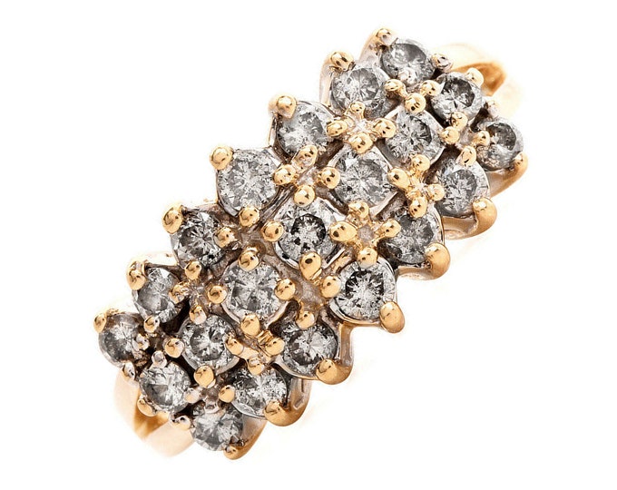 Estate Diamond Ring Vintage 14K Solid Yellow Gold Natural Diamonds Three Row Cluster 1.45 Carats Total Weight Size 7 Holiday Gift
