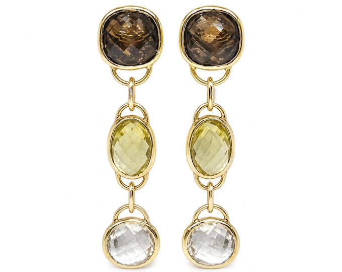 Vintage 14K Gold Smoky Quartz Citrine Topaz Dangle Earrings, Signed MAZ