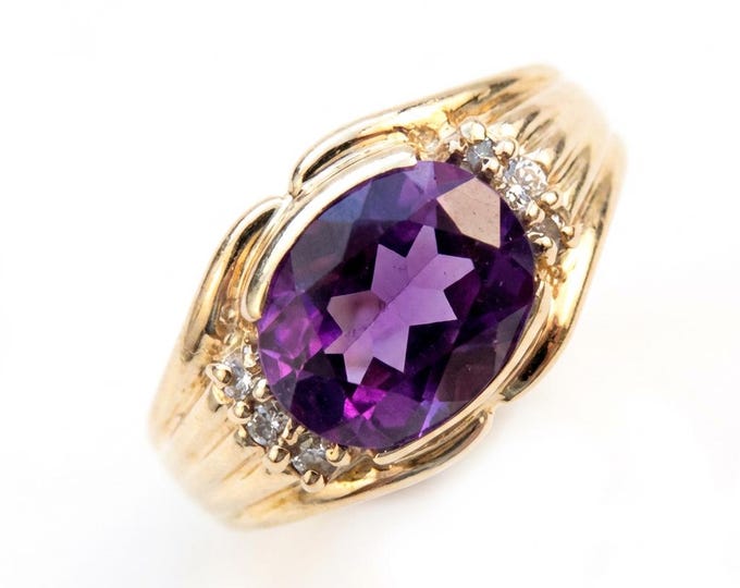 Estate 14K Gold Amethyst & Diamond Ring, Size 5.75