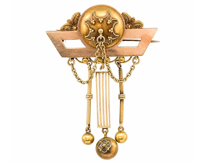14K Yellow Gold Antique Brooch Pin with Dangle Chains