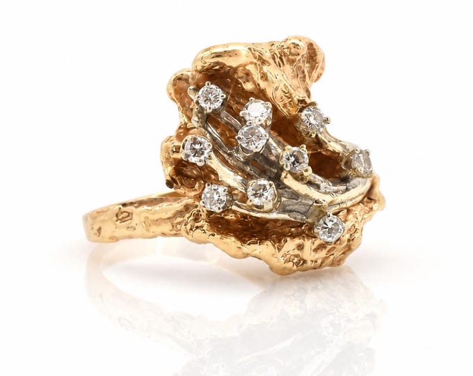Brutalist 14K Gold Diamond Freeform Ring Organic Tree Bark Design Size 7.75