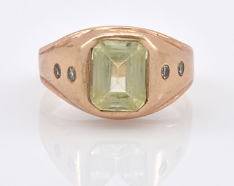 14K Gold Prasiolite & Diamond Ring, Emerald Cut, Size 9.5