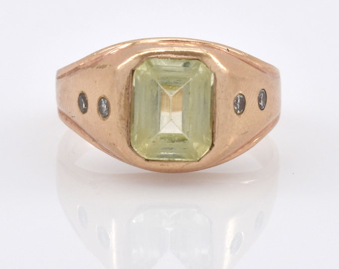 14K Solid Yellow Gold Prasiolite Natural Diamonds Ring Emerald Cut Nearly 3 Carats Total Vintage Estate 8 Grams Size 9.5 Holiday Gift