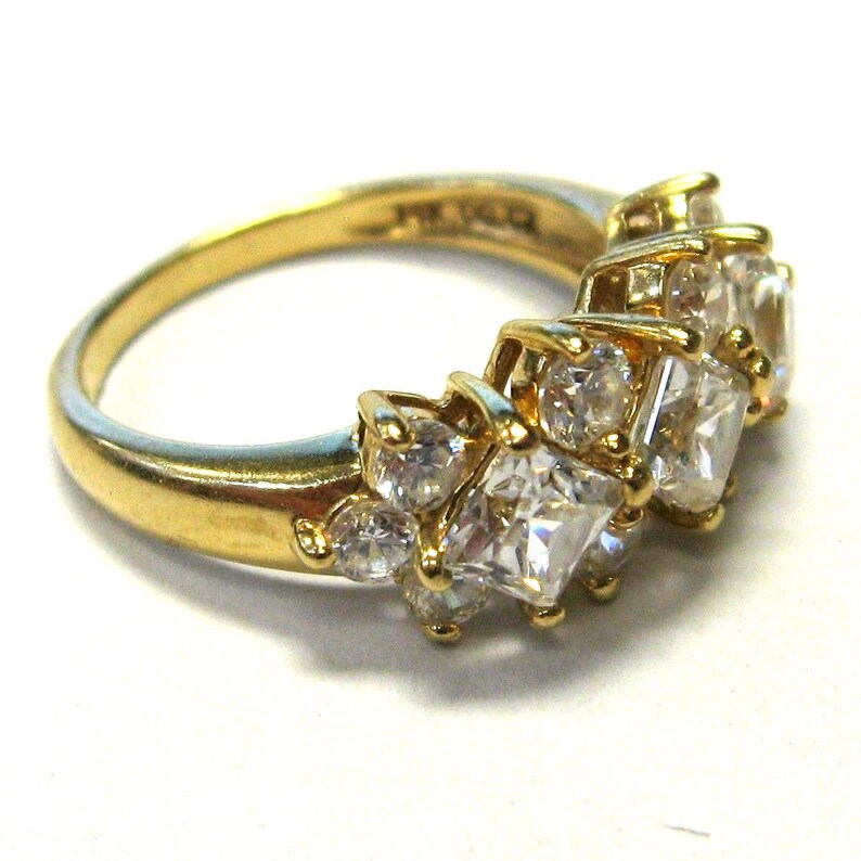 14K Solid Yellow Gold Ring Diamonique Cubic Zirconia Vintage Estate Signed DQCZ Nearly 4 Carats Total Nearly 4 Grams Size 4.5 Wedding