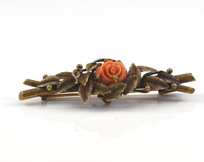 18K Solid Yellow Gold Natural Coral Brooch Carved Rose Pin Nearly 10 Grams Holiday Gift