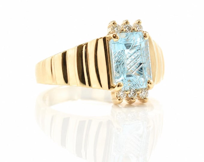 Vintage 14K Gold Blue Topaz Diamond Geometric Statement Ring Size 5