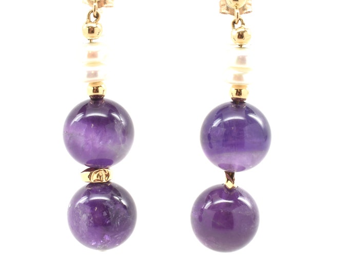 Estate Gemstone Earrings Vintage 14K Solid Yellow Gold Natural Amethysts Freshwater Pearls Drop Dangle Earrings Holiday Gift