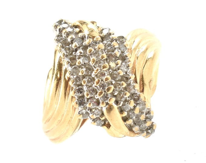 Estate Diamond Ring Vintage 14K Solid Yellow Gold Natural Diamonds Waterfall Cluster .48 Carat Total Weight Size 7.5 Holiday Gift