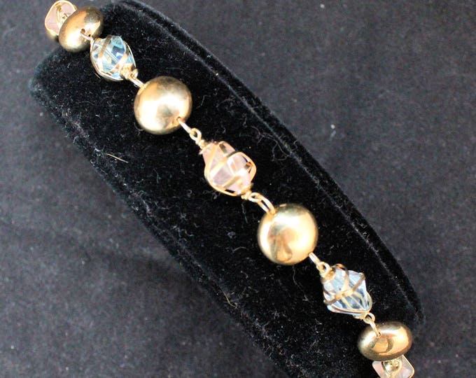Estate 14K Yellow Gold Blue Topaz White Quartz Fancy Link Bracelet 8" Long 16.9 Grams Made in Italy Holiday Gift