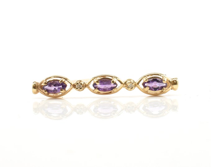Estate Gemstone Brooch Vintage 14K Solid Yellow Gold Natural Amethysts Diamonds Pin February Birthstone Holiday Gift