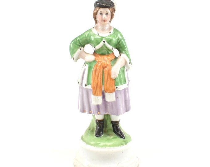 Antique Staffordshire Figure Girl Young Woman Mauve Skirt Green Ermine Trim Coat Orange Sash Brown Braids Black Hat Boots Holiday Gift