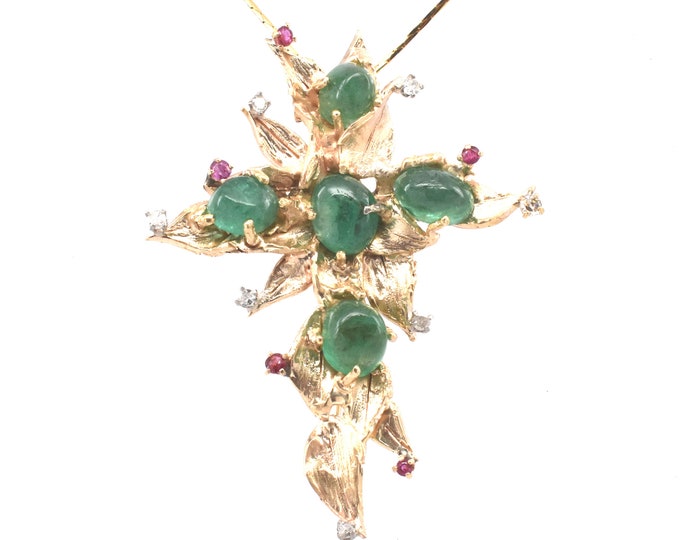 Estate Gemstone Pendant Vintage 14K Solid Yellow Gold Natural Emeralds Diamonds Rubies Leaf Cross Brooch 17 Carats Total Holiday Gift