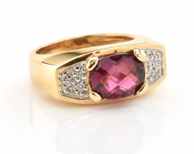 Vintage 14K Rhodolite Garnet Diamond Accent Ring Size 5.5 Checkerboard Cushion
