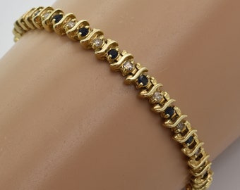 14K Solid Yellow Gold Natural Sapphires Diamonds Bracelet Vintage Estate Over 7 Inches Long Over 12 Grams September Birthstone Gift