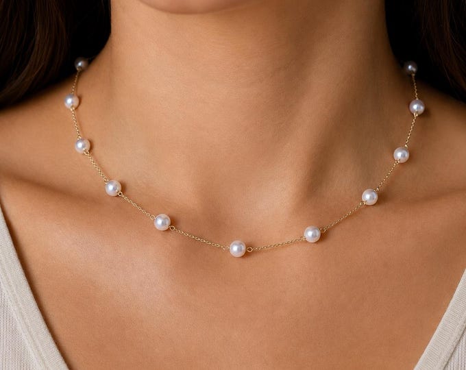 Vintage 10K Gold Pearl Station Necklace Minimalist Jacmel Rolo Chain