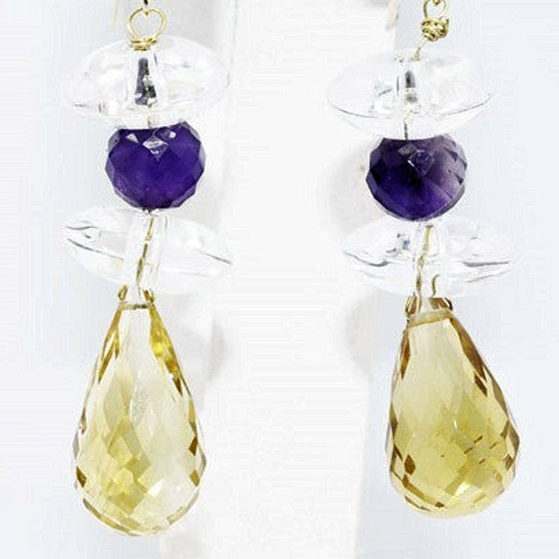 Estate Pair 14K Yellow Gold Citrine Amethyst White Topaz Drop Dangle Earrings 28 Carats Total Weight 5.78 Grams Wedding