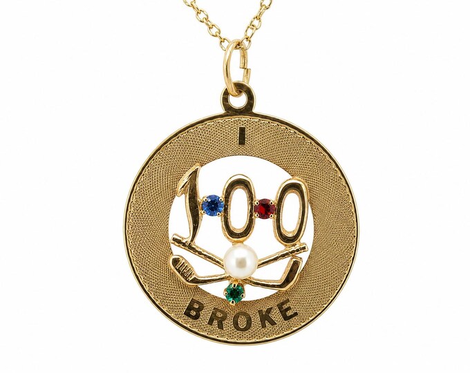 Vintage 14K Gold "I Broke 100" Golf Charm Pendant Pearl Gemstones