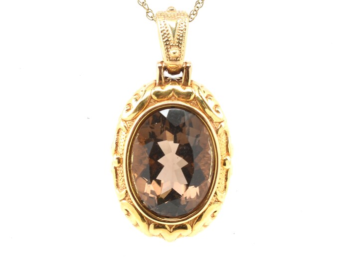 Estate Quartz Pendant Vintage 14K Solid Yellow Gold Etruscan Style Oval Natural Smoky Quartz Hinged Bail Pendant Over 9 Carats Holiday Gift