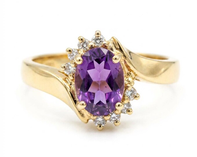 Estate 14K Yellow Gold Amethyst Diamond Halo Ring, Size 5.75