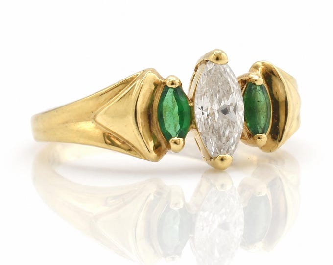 14K Gold Diamonique Ring Marquise CZ Three Stone Green Accents, Size 7.75
