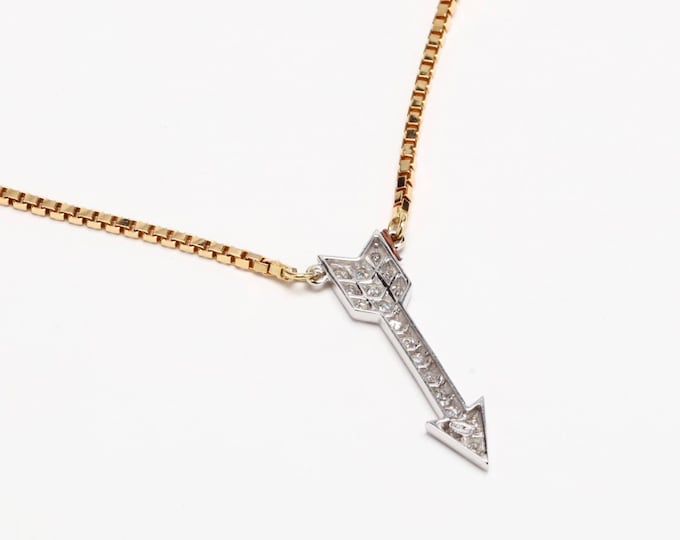 Estate Diamond Necklace Vintage 18K Solid Yellow and White Gold Natural Diamonds Arrow Pendant Holiday Gift
