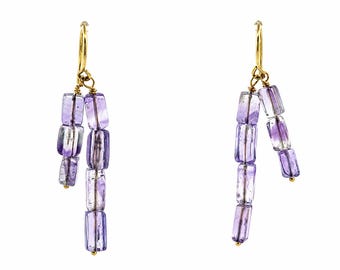 Estate Amethyst Drop Earrings: 14K Solid Yellow Gold, Natural Amethysts, 12 Carats Total