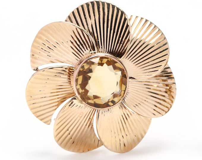 Estate Citrine Brooch Vintage 14K Solid Yellow Gold Natural Round Cut Citrine Floral Pin 4 Carats November Birthstone Holiday Gift