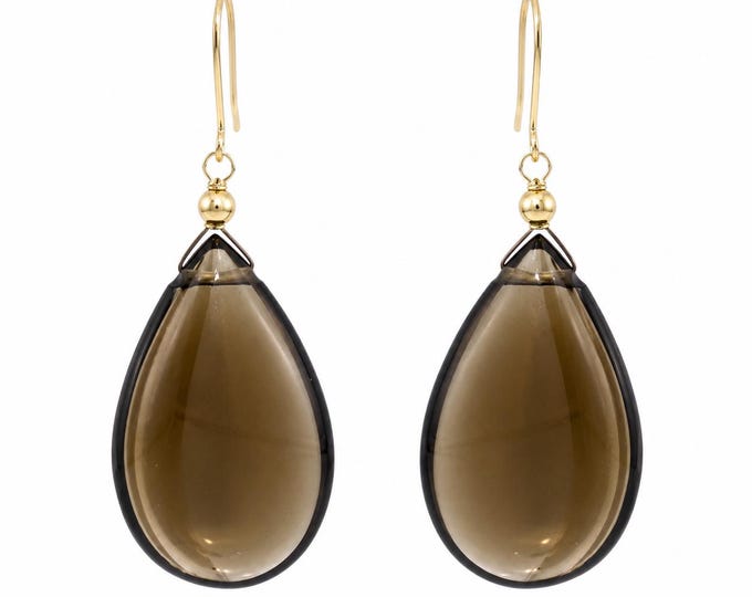 14K Gold Smoky Quartz Briolette Drop Dangle Earrings Estate Minimalist