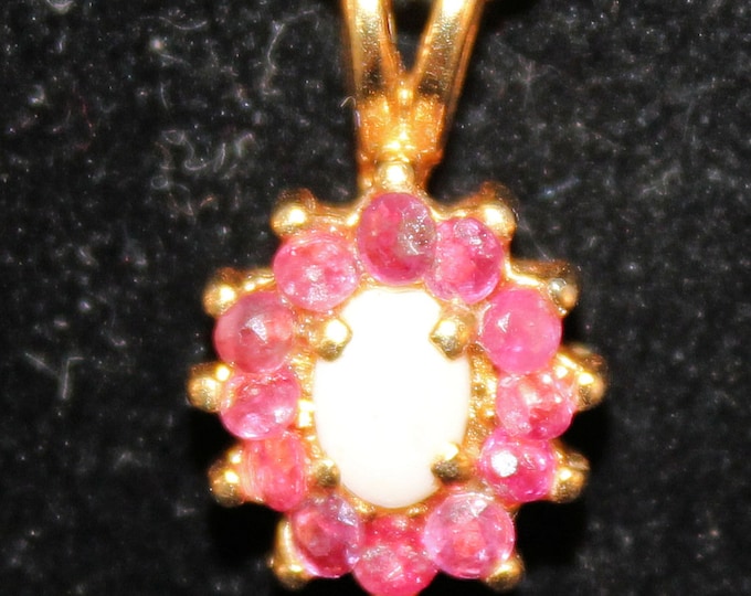 Gold Tone Natural Spinel Pendant Vintage Estate Ruby Red Round Cut Oval White Stone Holiday Gift