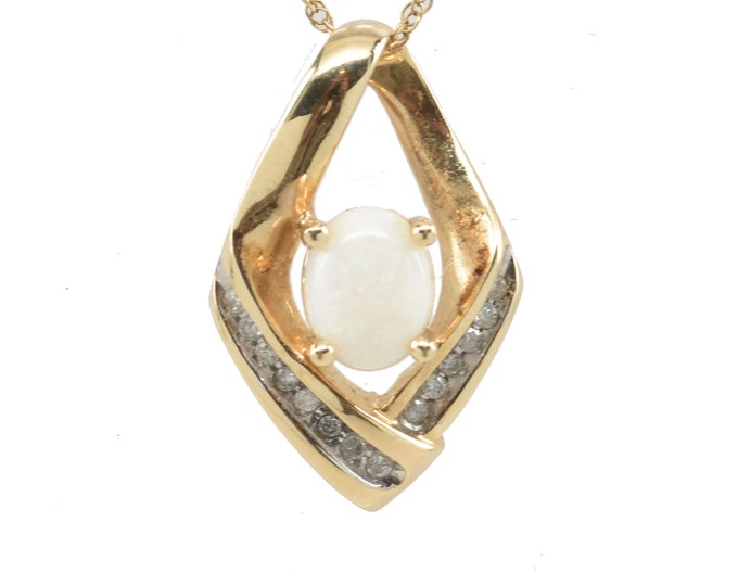 Estate Gemstone Pendant Vintage 14K Solid Yellow Gold Natural Opal White Sapphires October Birthstone Holiday Gift
