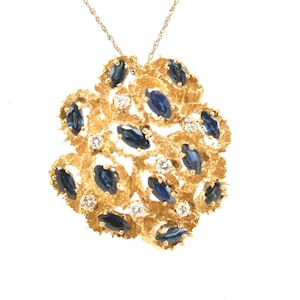 Estate Gemstone Pendant Vintage 18K Solid Yellow Gold Natural Diamonds Sapphires Brooch 7.87 Carats Total September Birthstone Holiday Gift
