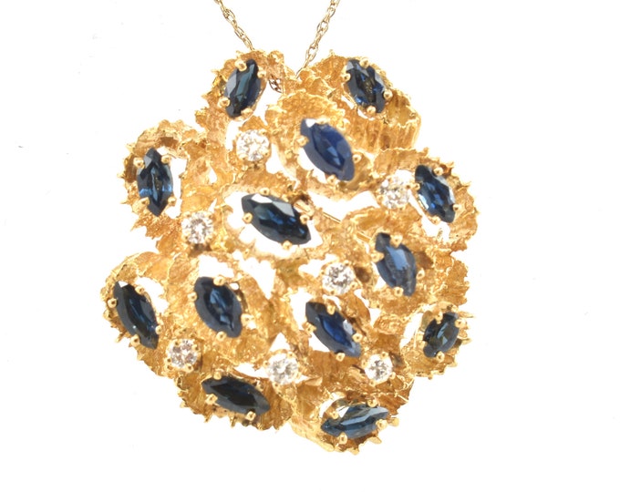 Estate Gemstone Pendant Vintage 18K Solid Yellow Gold Natural Diamonds Sapphires Brooch 7.87 Carats Total September Birthstone Holiday Gift