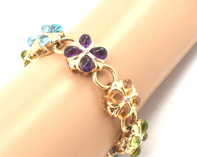 Estate Gemstone Bracelet Vintage 14K Solid Yellow Natural Diamonds Amethysts Peridots Citrines Blue Topaz Nearly 34 Carats Holiday Gift