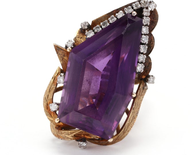Estate Gemstone Ring Vintage 14K Solid Yellow Gold Natural Diamonds Amethyst Size 6.5 February Birthstone Holiday Gift