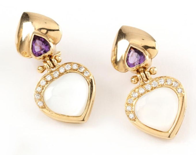 Estate Gemstone Earrings Vintage 14K Solid Yellow Gold Natural Diamonds Amethysts Mother of Pearl Omega Back Dangle Studs Holiday Gift
