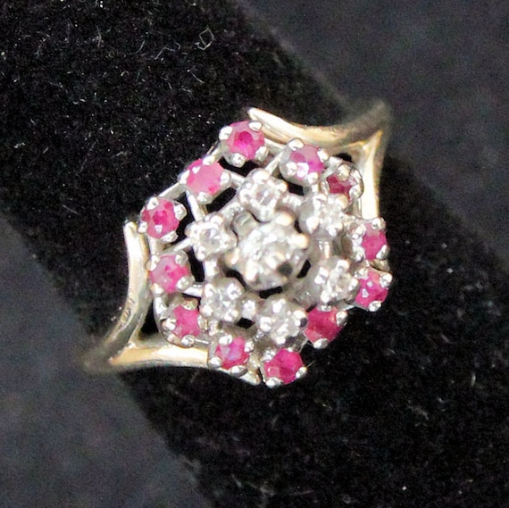 Estate 14K Yellow Gold Red Spinel White Sapphire … - image 1