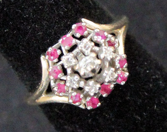 Estate 14K Yellow Gold Red Spinel White Sapphire Cluster Princess Dome Ring 4.31 Grams Size 5 Fast Shipping Holiday Gift