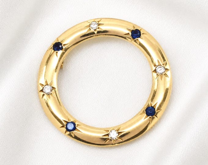 Antique Edwardian Sapphire Diamond Circle Brooch in 14K Yellow Gold
