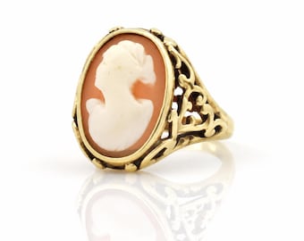 Vintage 14K Gold Shell Cameo Ring Victorian Revival Size 3 Estate Jewelry