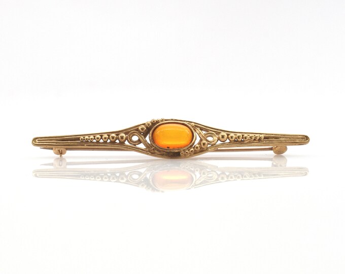 Estate Amber Brooch Vintage 14K Solid Yellow Gold Natural Amber Victorian Bar Pin Signed RAR Holiday Gift